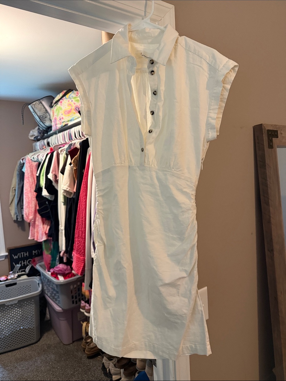 Anthropologie Cream Short-Sleeve Mini Shirt Dress